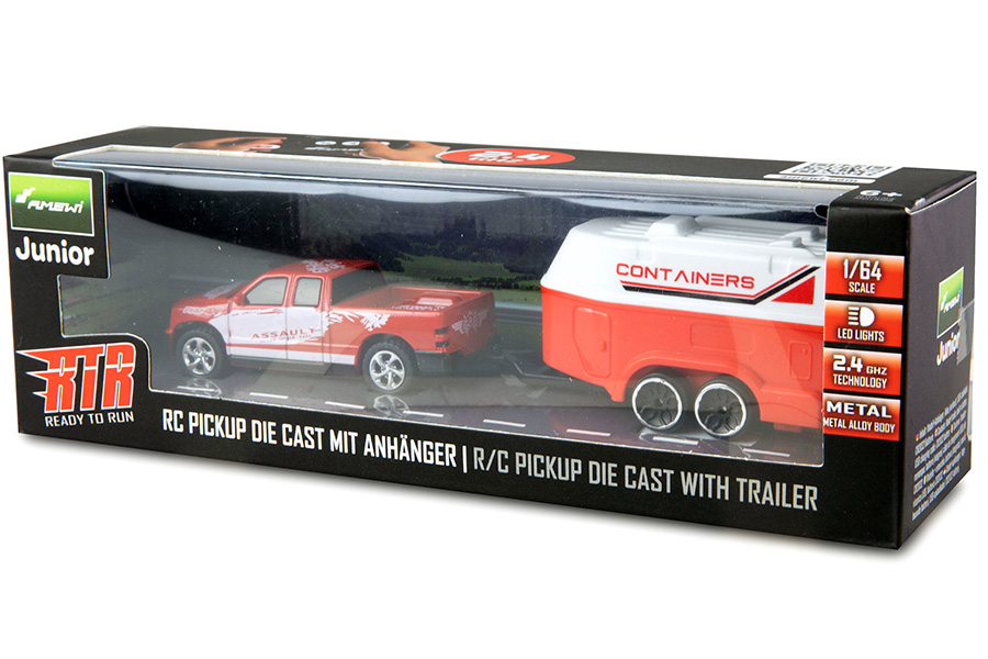 Thumbnail 654 fr Radiostyrd bil - 1:64 - RC Pickup Die Cast med släp - Röd - RTR