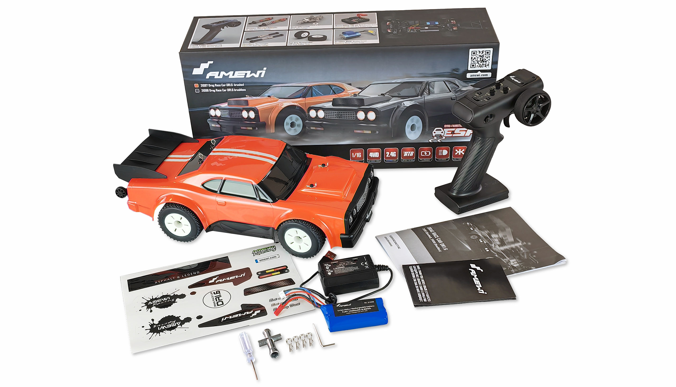 Thumbnail 680 f�r Radiostyrd bil - DR1.6 Drag Racer 4WD Orange - 1:16 - RTR