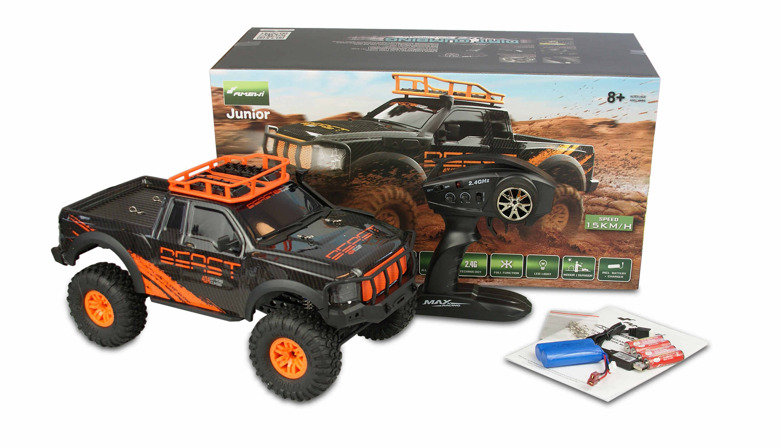 Thumbnail 681 f�r RC Crawler - 1:10 - Dirt Climbing Beast Pick-Up Crawler 4wd - Svart/Orange - RTR