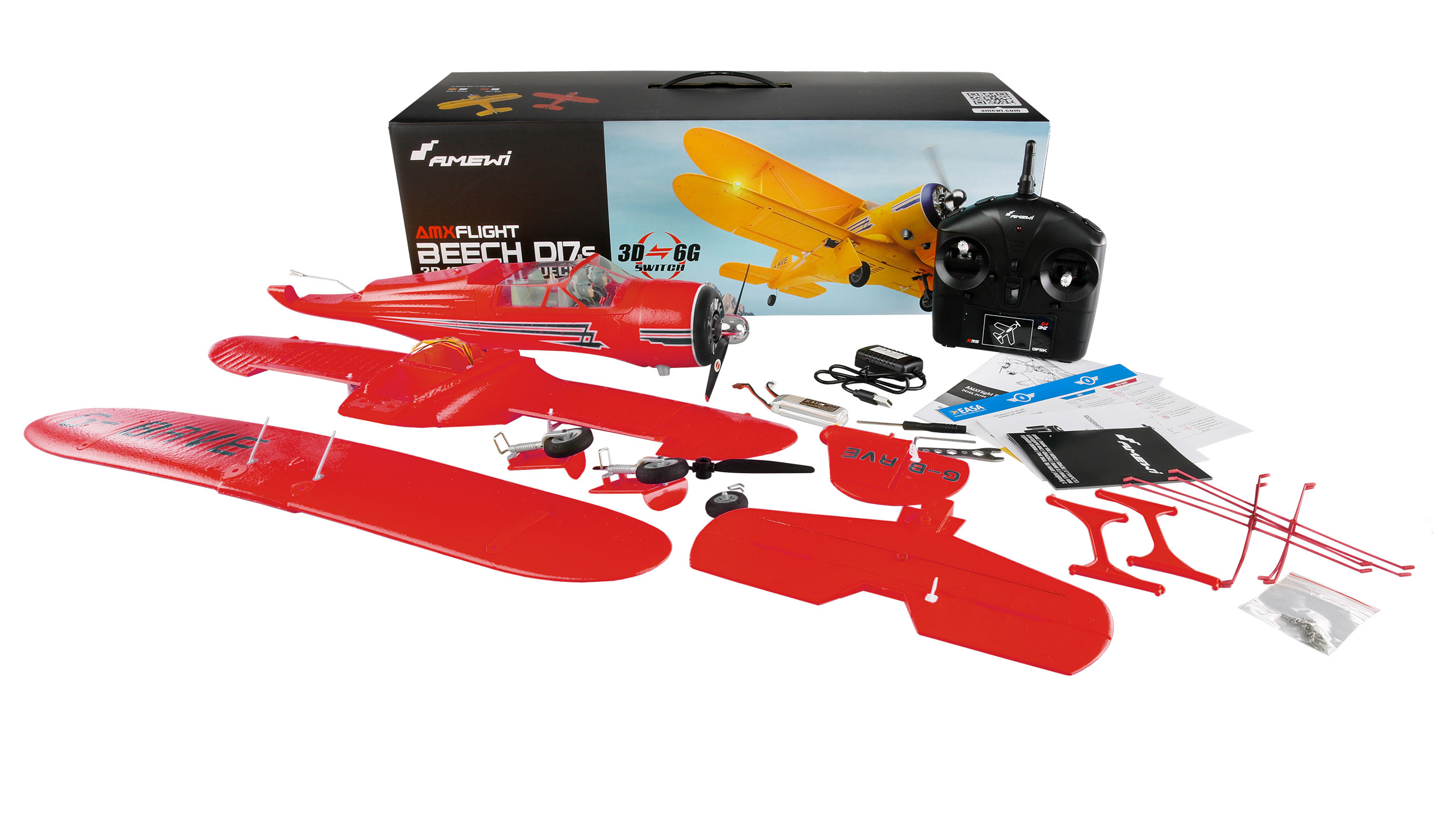 Thumbnail 680 f�r Radiostyrt flygplan - Beech D17S Dubbeld&auml;ckare 3D/6G BL R&ouml;d - RTF
